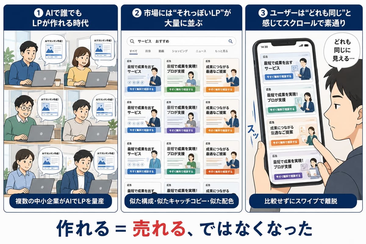 ①AIで誰でもLPが作れる時代 ②市場には"それっぽいLP"が大量に並ぶ ③ユーザーは"どれも同じ"と感じてスクロールで素通り、の3コマ。「作れる＝売れる、ではなくなった」